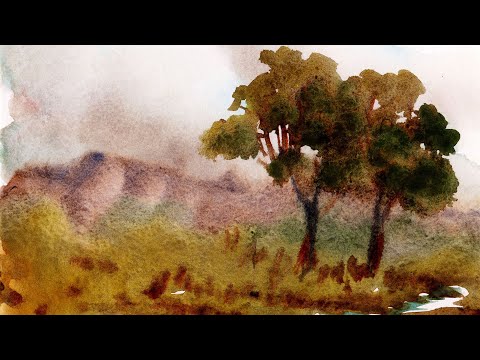 A watercolor painting of a serene landscape with a stream, trees, and mountains.