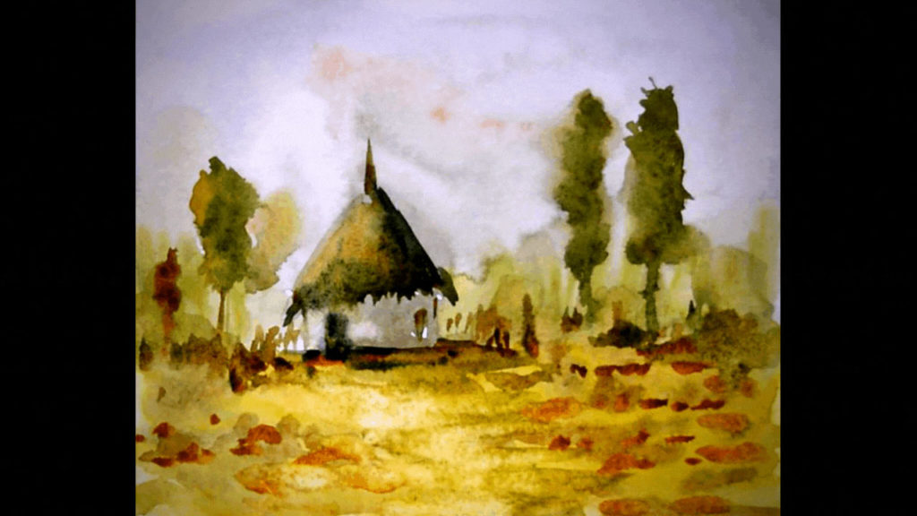 hut watercolor painting, painting from imagination