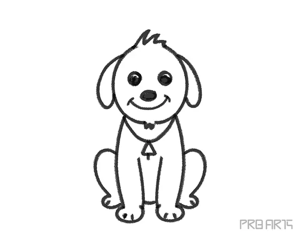 Cute little cartoon dog in sitting pose with a bell in the neck - easy dog drawing tutorial for kids