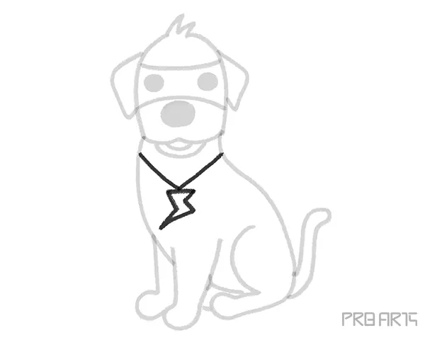 Cartoon dog sitting like super hero with thunder bolt in the neck - easy step-by-step drawing tutorial for kids - 11