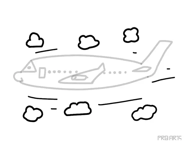 learn how to draw a cartoon style airplane drawing flying in the clouds easy step-by-step drawing tutorial complete guide for kids and beginners - step 11