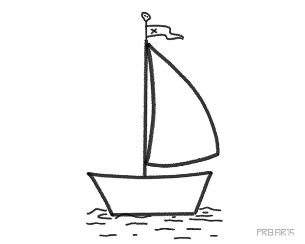 learn how to draw a cartoon-style pirate boat with x mark or danger flag on the sea - an easy step-by-step drawing tutorial specially created for kids and beginners