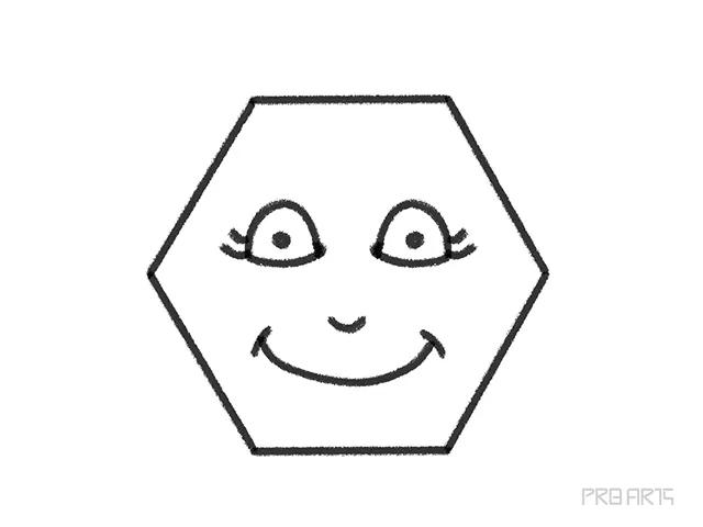 learn how to draw the cartoon-style hexagon shape with facial expressions like eyes, nose, and smiling mouth, funny drawing tutorial specially created for kids
