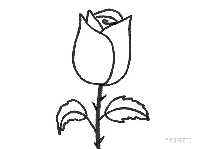 easy rose flower with leaves and stem step-by-step drawing tutorial for kids and beginners