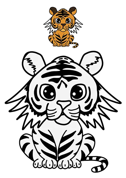 Cartoon-style Bengal Tiger in Sitting Pose - Coloring Page for Kids with colored reference