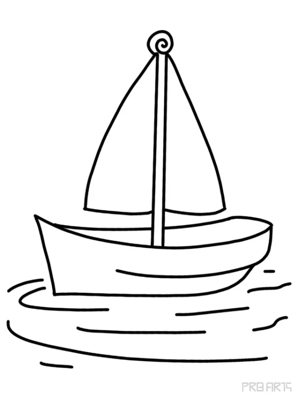 learn how to draw a cartoon style simple and easy boat floating in the water step-by-step drawing guide for kids and beginners with boat coloring page