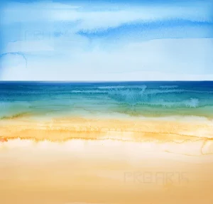 Beach watercolor painting scanned with utmost care and attention to detail, the artwork retains its authenticity, ensuring every brushstroke and subtle nuance are faithfully reproduced. This image is available in high-resolution as digital download, please note watermark will be removed from the downloaded image