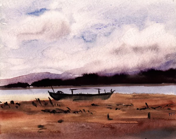 tourist boat near the river side edge with a beautiful mountains and cloud backdrop, this picture is created in watercolor scanned in high-resolution and ready to decorate your wall