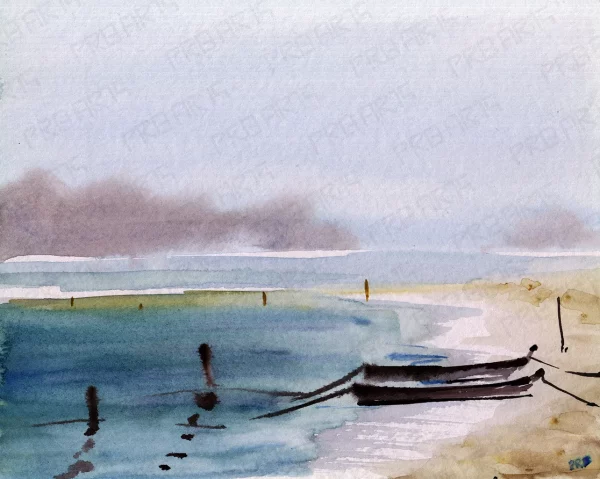 Two fishing boats near seashore watercolor painting created on original hand-made chart paper scanned in high-resolution and ready to print on any wall art products like canvas, poster, etc.