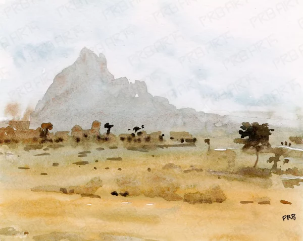 watercolor painting of outdoor nature with mountains, small mud houses and trees. Created on original hand-made watercolor chat paper scanned in high-resolution digital format, ready to print for wall art or use this product as digital wallpaper