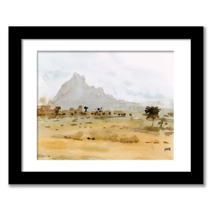 watercolor painting of landscape scenery with mountains, houses and trees, this wall art image shows how this painting will look like in the frame 