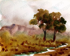 Professional watercolor artwork featuring detailed trees, a flowing stream, and a peaceful atmosphere.